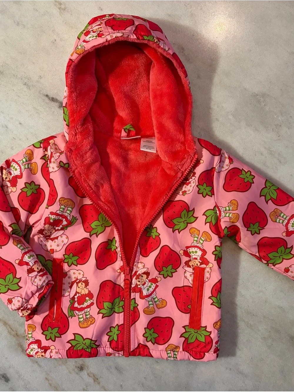 Strawberry Print Pink Kids Hooded Jacket